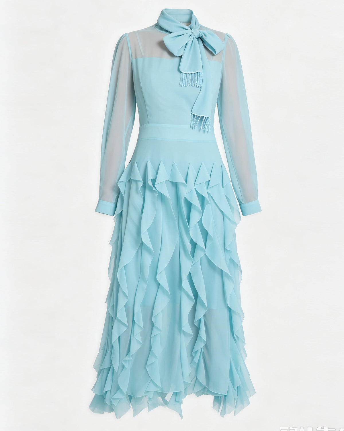 Elegant Chiffon Maxi Dress with Scarf Neck & Rhinestone Fringe