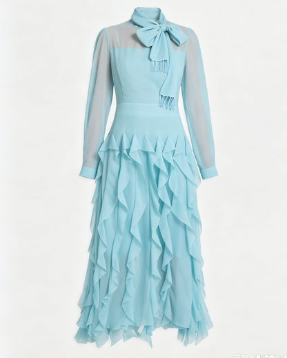 Elegant Chiffon Maxi Dress with Scarf Neck & Rhinestone Fringe