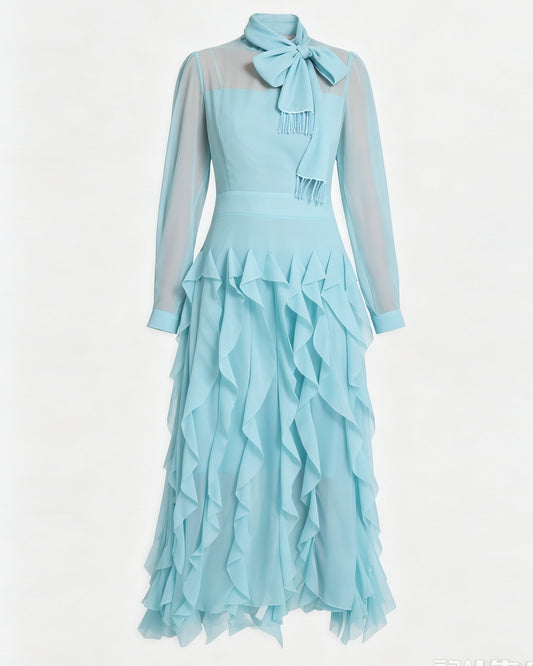 Elegant Chiffon Maxi Dress with Scarf Neck & Rhinestone Fringe
