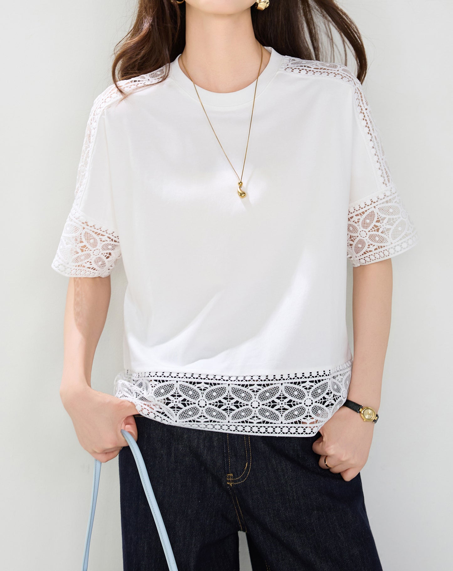 Lace Trim Cotton Blend Top | Relaxed Fit Everyday White Blouse