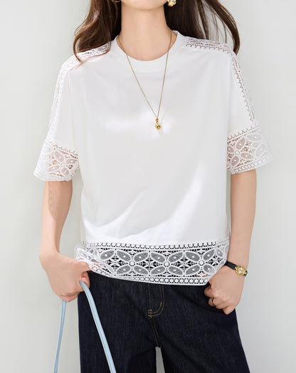 Lace Trim Cotton Blend Top | Relaxed Fit Everyday White Blouse