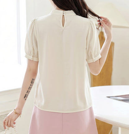 Ivory Satin Rose Blouse – Elegant Puff Sleeve Bow Detail Top