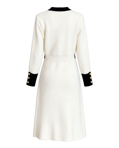 28701 Gold-Button Knit Mini Dress – Black & Ivory