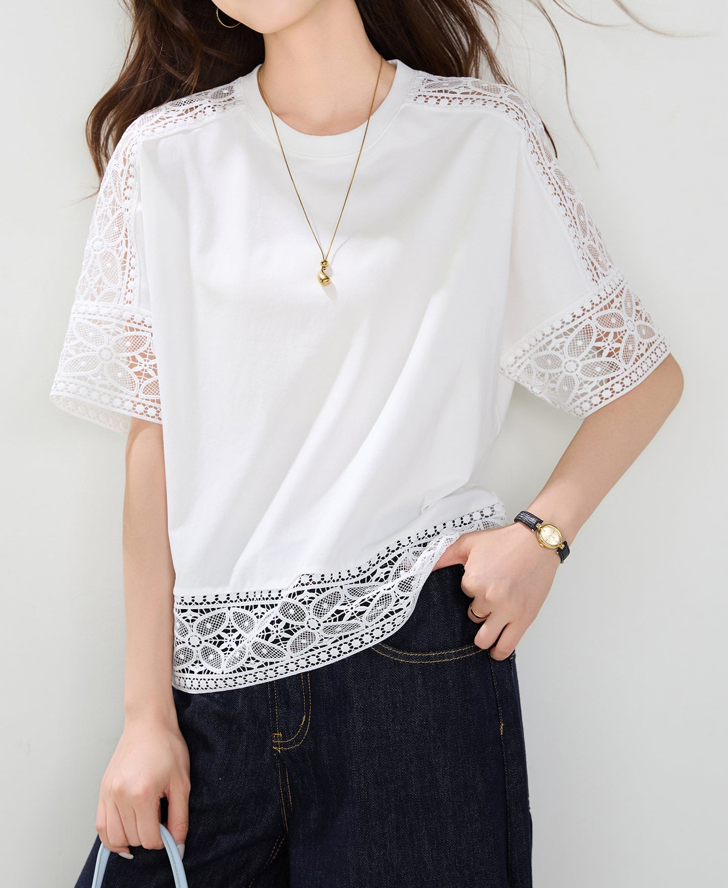 Lace Trim Cotton Blend Top | Relaxed Fit Everyday White Blouse