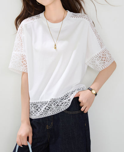 Lace Trim Cotton Blend Top | Relaxed Fit Everyday White Blouse