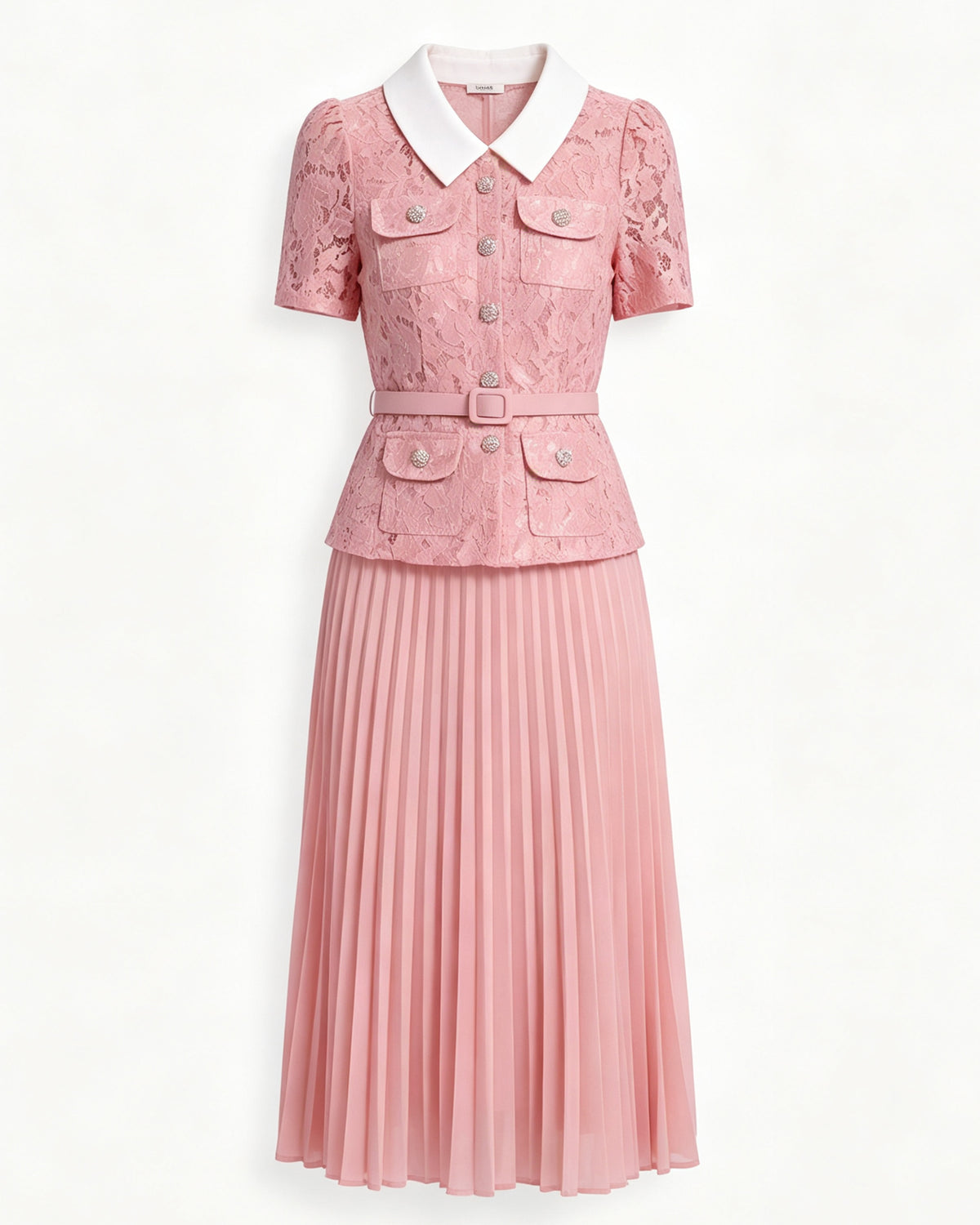 Pink Lace Pleated Midi Dress with Belt