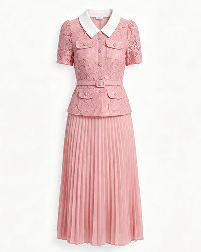 Pink Lace Pleated Midi Dress with Belt
