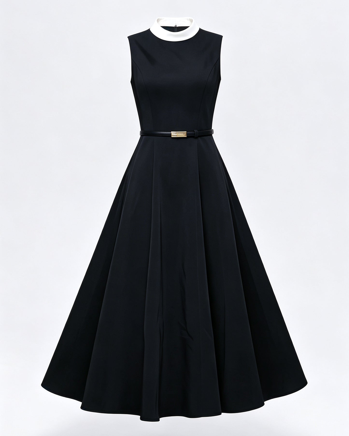 Satin A-Line Midi Dress with Belt | Black & Apricot