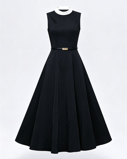 Satin A-Line Midi Dress with Belt | Black & Apricot