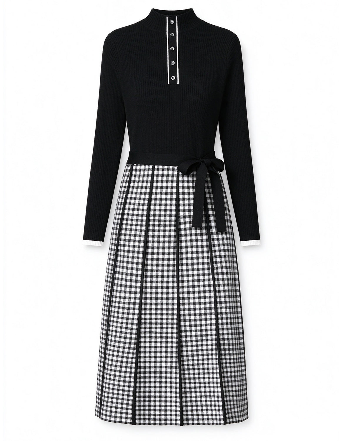 25133 Elegant 2-in-1 Knit Dress: Turtleneck, Faux Button Detail & Plaid Pleated Dress