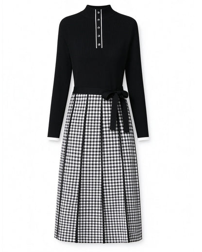 25133 Elegant 2-in-1 Knit Dress: Turtleneck, Faux Button Detail & Plaid Pleated Dress