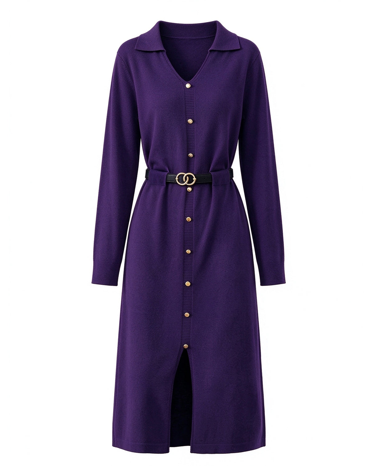 27639-Elegant Lapel V-Neck Knit Midi Dress: Button Decoration & Belted Waist