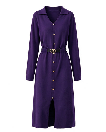 27639-Elegant Lapel V-Neck Knit Midi Dress: Button Decoration & Belted Waist