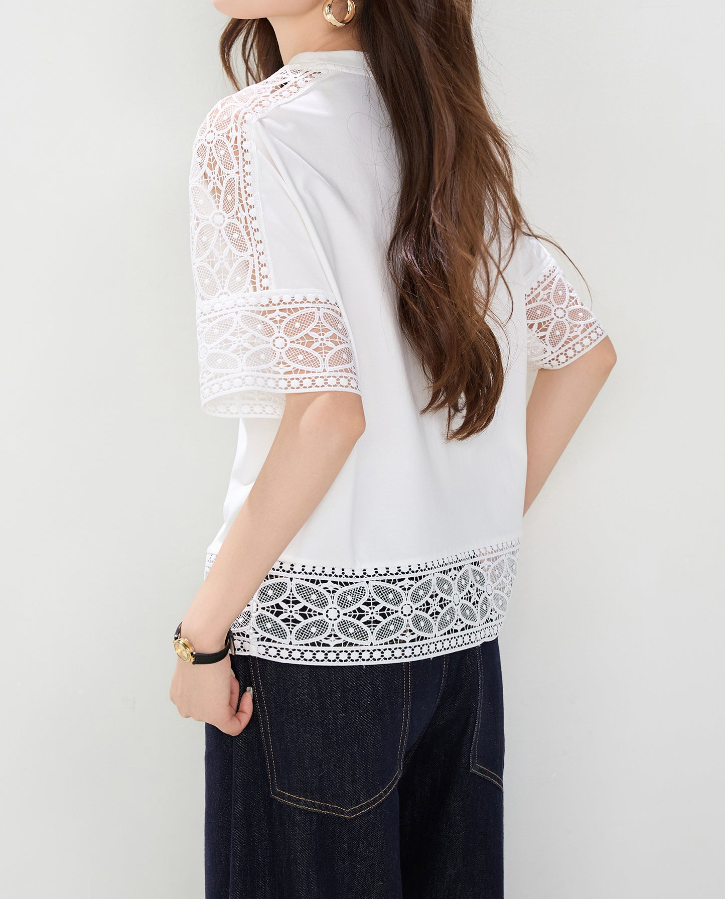 Lace Trim Cotton Blend Top | Relaxed Fit Everyday White Blouse