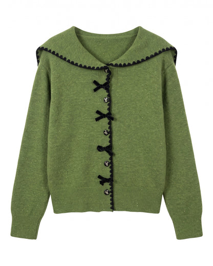 28700 Green Sailor Collar Button-Front Knit Cardigan