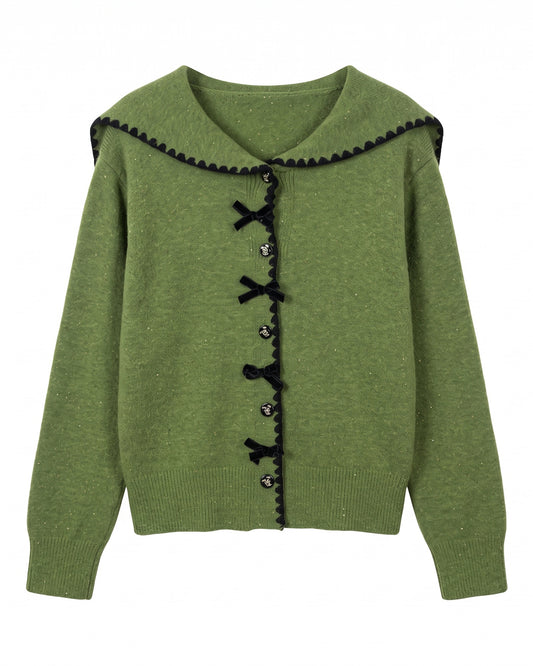 28700 Green Sailor Collar Button-Front Knit Cardigan