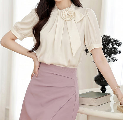 Ivory Satin Rose Blouse – Elegant Puff Sleeve Bow Detail Top