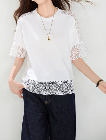 Lace Trim Cotton Blend Top | Relaxed Fit Everyday White Blouse