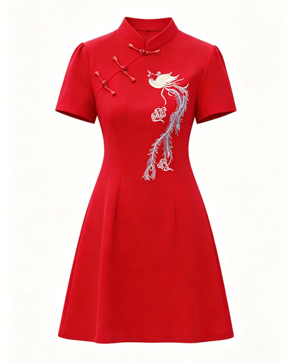 Phoenix Embroidery Mandarin Collar Mini Dress | Unique Wedding Guest Dress