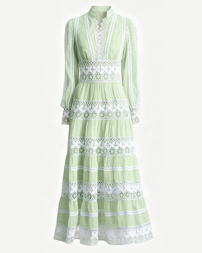 Sage Green V Neck Lace Maxi Dress