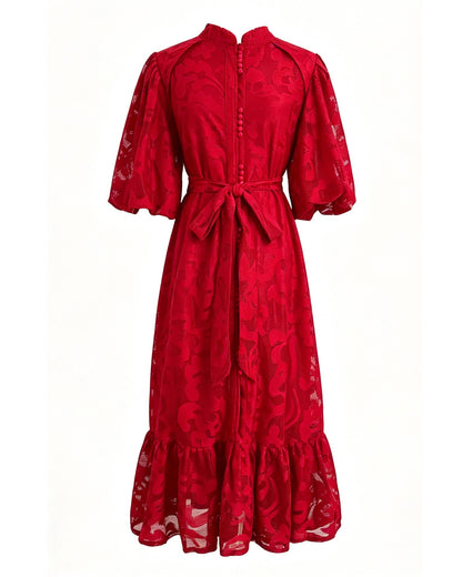 Red Lace Button Front Midi Dress | Elegant Summer Occasion Dress