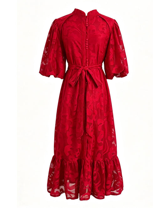 Red Lace Button Front Midi Dress | Elegant Summer Occasion Dress