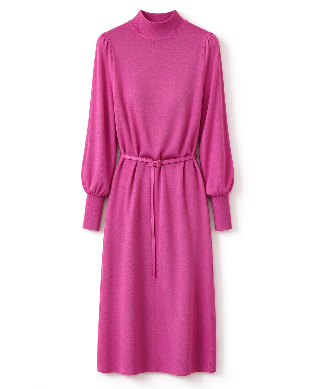 Elegant Mock Neck Knit Midi Dress: Lantern Sleeves & Belted Waist