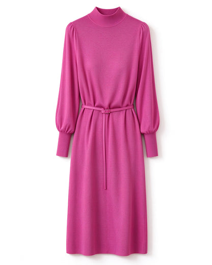 Elegant Mock Neck Knit Midi Dress: Lantern Sleeves & Belted Waist