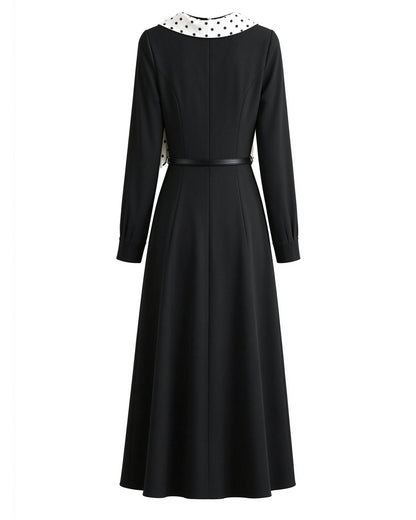 28696 Polka Dot Collar Black Maxi Dress – Elegant Holiday & Dinner Style