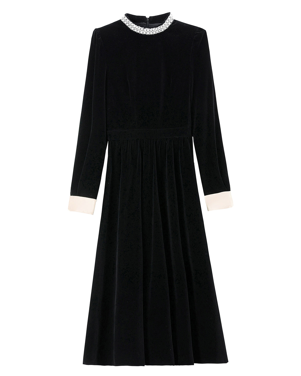 28698 Black Velvet Pearl Collar Dress – A Statement in Color