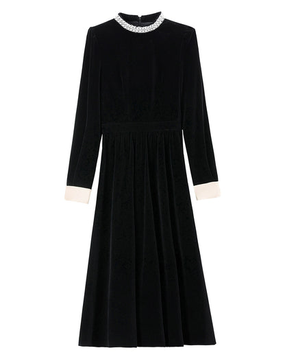 28698 Black Velvet Pearl Collar Dress – A Statement in Color