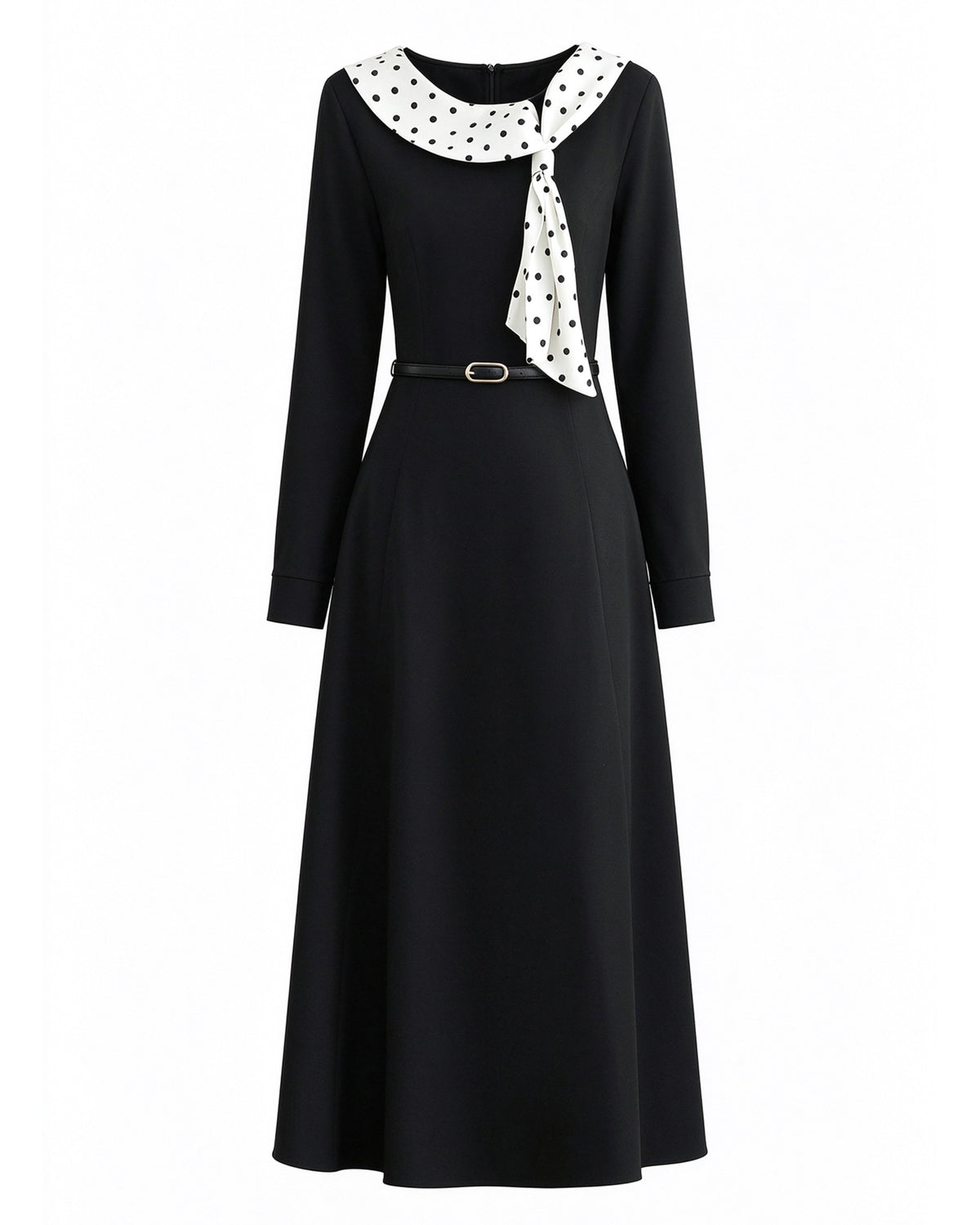 28696 Polka Dot Collar Black Maxi Dress – Elegant Holiday & Dinner Style