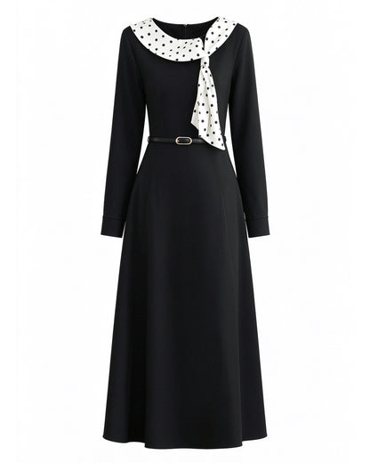 28696 Polka Dot Collar Black Maxi Dress – Elegant Holiday & Dinner Style