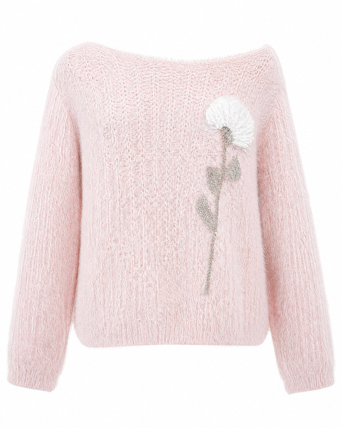 28685 Floral Embellished Cozy Knit Sweater – Soft Pink, Lavender & Butter Yellow