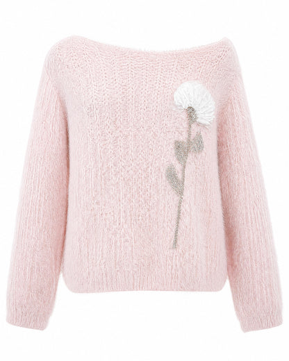28685 Floral Embellished Cozy Knit Sweater – Soft Pink, Lavender & Butter Yellow