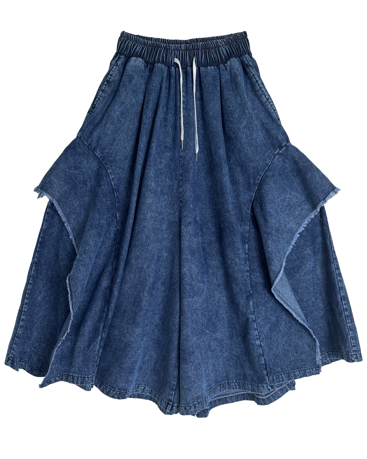 Wide-Leg Frayed Denim Skirt Pants