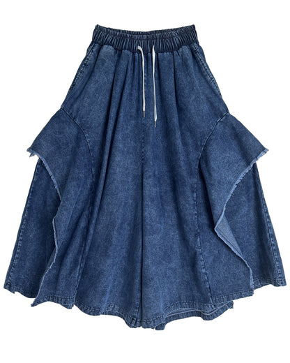 Wide-Leg Frayed Denim Skirt Pants
