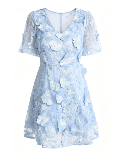 Light Blue 3D Floral Embroidered Mini Dress