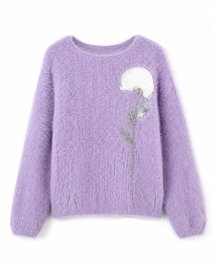 28685 Floral Embellished Cozy Knit Sweater – Soft Pink, Lavender & Butter Yellow