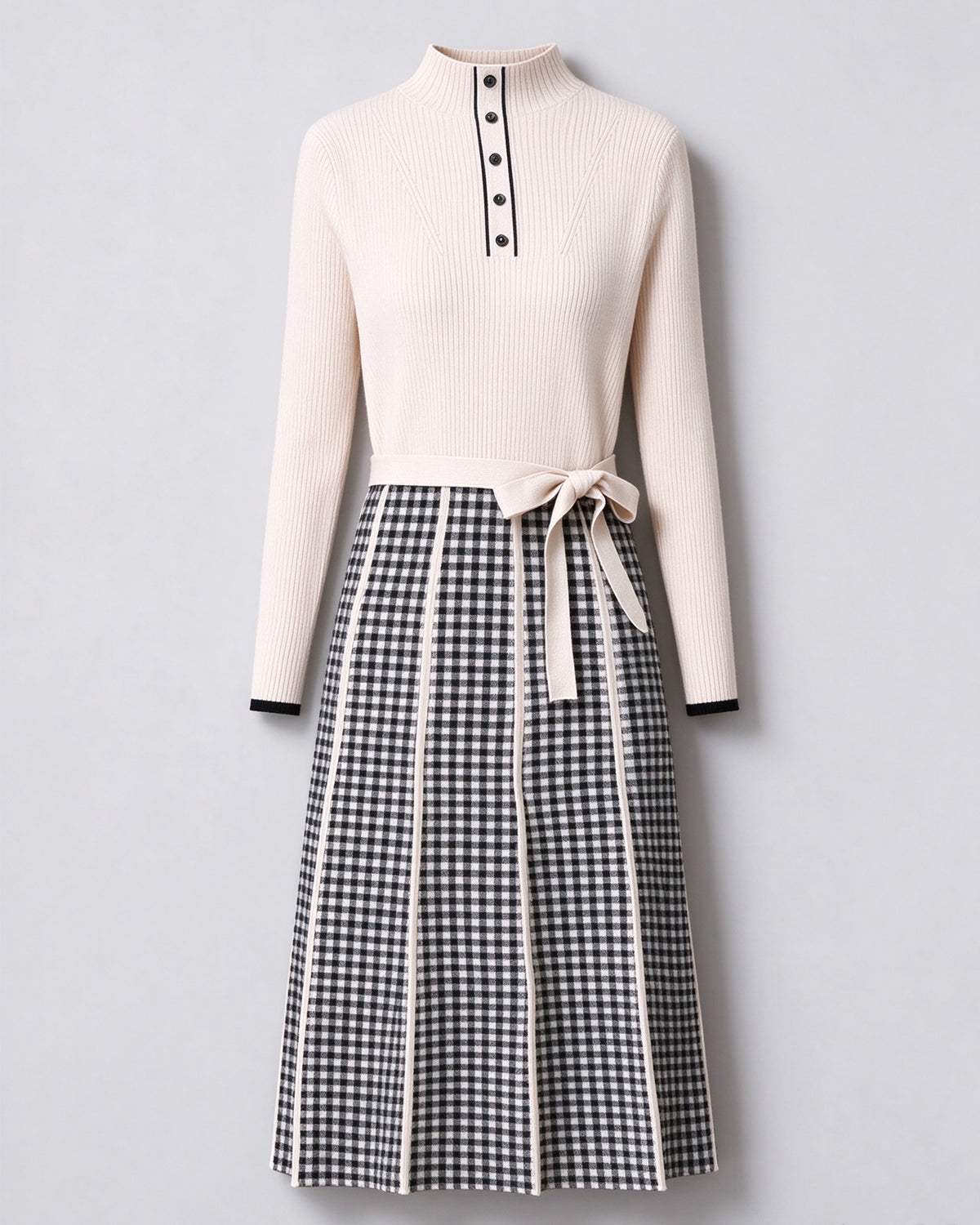 25133 Elegant 2-in-1 Knit Dress: Turtleneck, Faux Button Detail & Plaid Pleated Dress