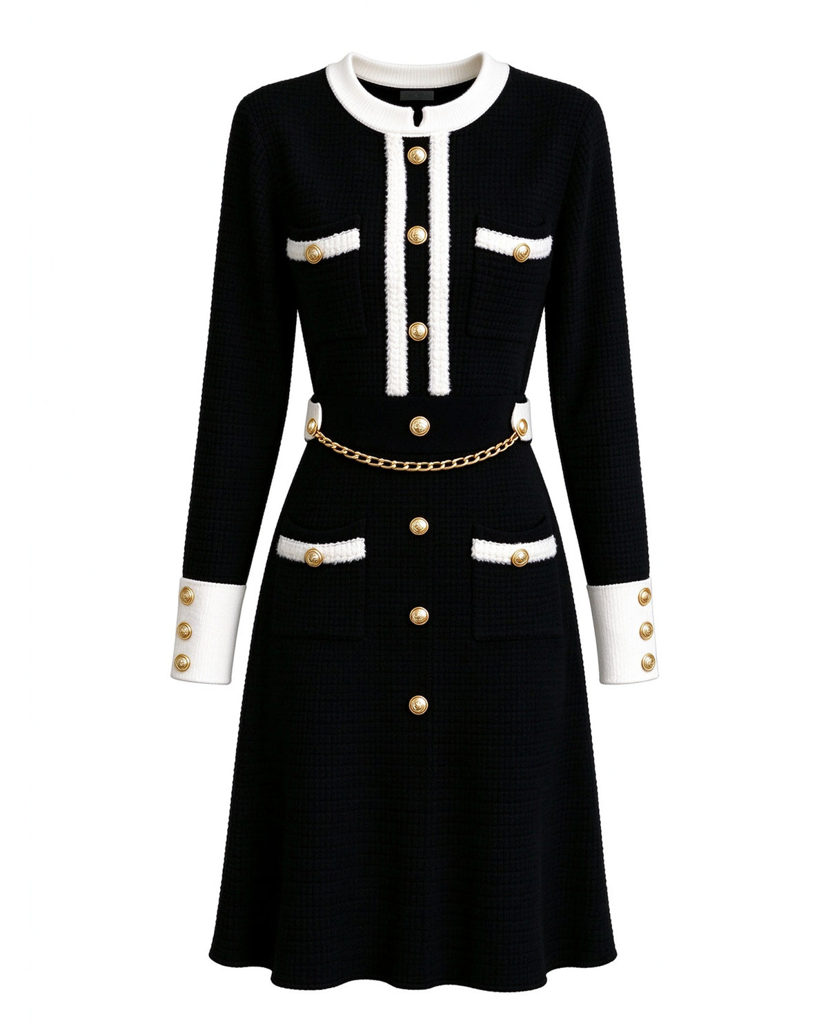 28701 Gold-Button Knit Mini Dress – Black & Ivory