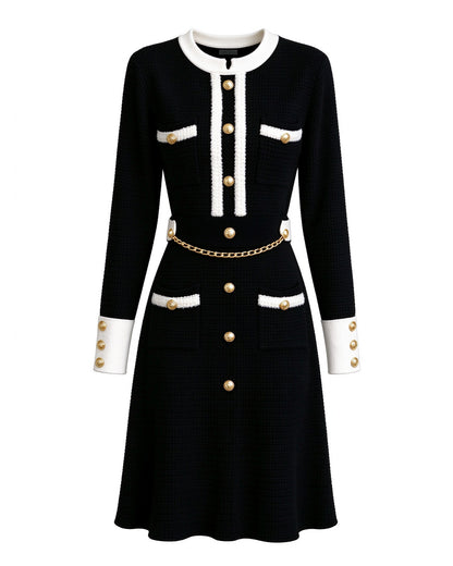 28701 Gold-Button Knit Mini Dress – Black & Ivory