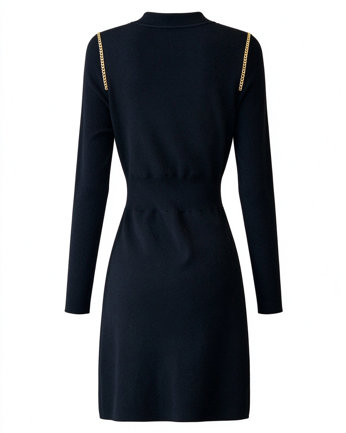 28702 Black Gold Button Knit Mini Dress with Chain Detail