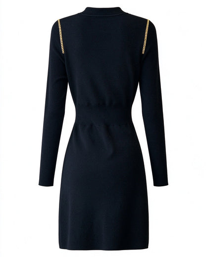 28702 Black Gold Button Knit Mini Dress with Chain Detail