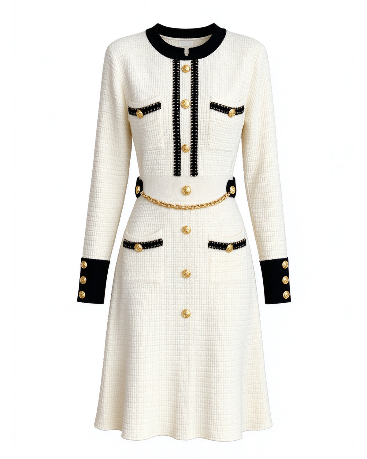 28701 Gold-Button Knit Mini Dress – Black & Ivory