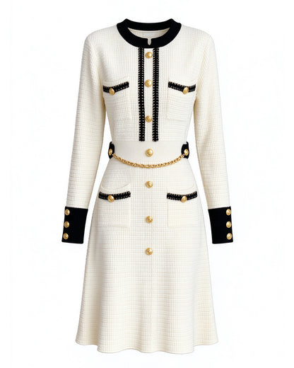 28701 Gold-Button Knit Mini Dress – Black & Ivory
