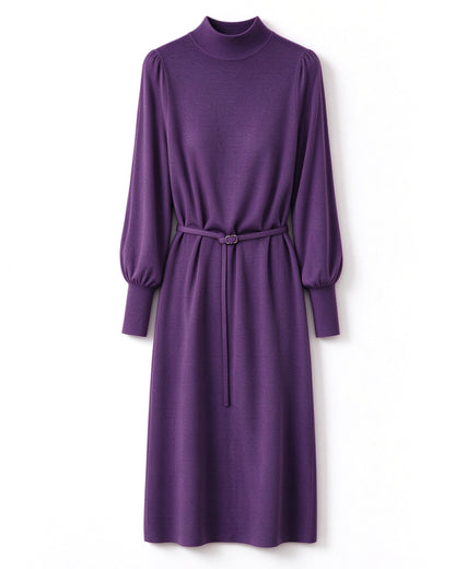 Elegant Mock Neck Knit Midi Dress: Lantern Sleeves & Belted Waist