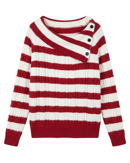 28684 Red & White Off-Shoulder Striped Knit Sweater
