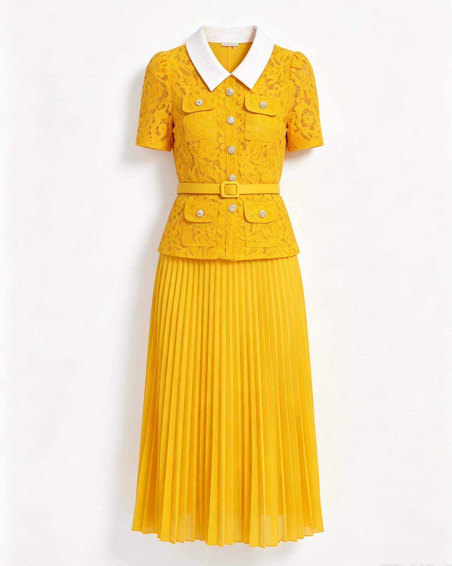 Lace Collar Pleated Midi Dress With Belts