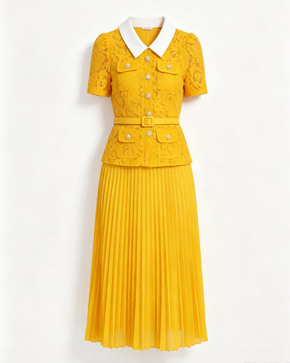 Lace Collar Pleated Midi Dress With Belts